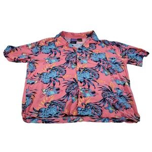 Disney Stitch Shirt Mens L Pink Rayon Button Up Short Sleeve Hawaiian Collared